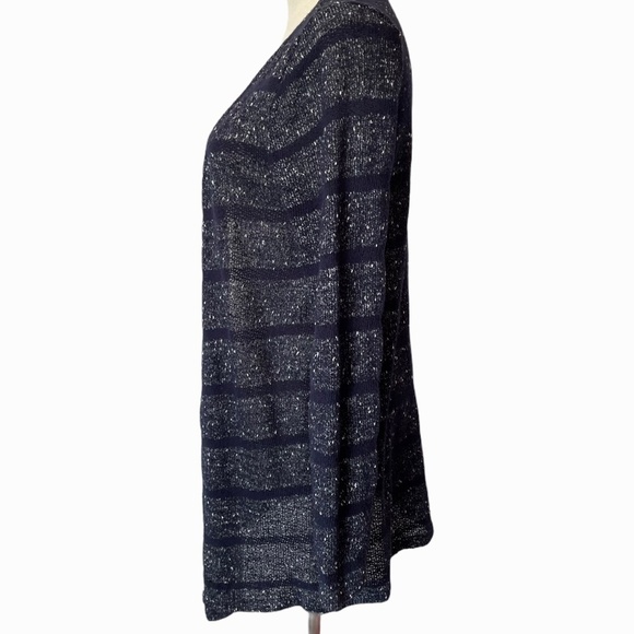 Jess Sz.M Dark Blue Long Line Mid Length Striped Speckle Knit Cardigan Cozycore - Picture 2 of 8